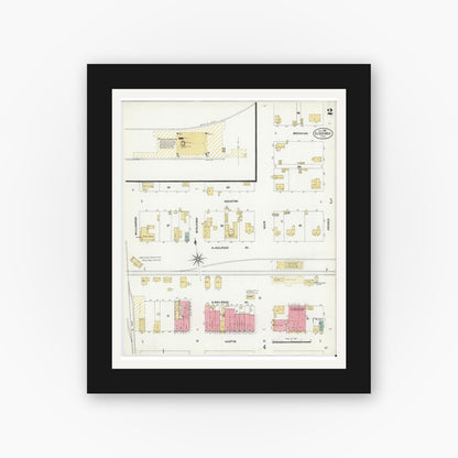 Old map wall art mockup — black gallery frame with white mat — Sanborn Fire Insurance Map from Giddings, Lee County, Texas (1906), Sheet #0002