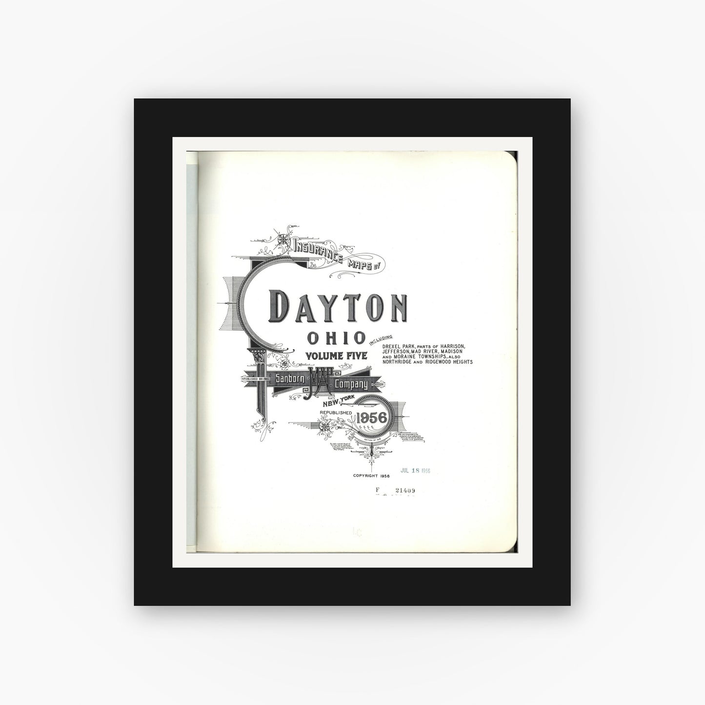 Old map wall art mockup — black gallery frame with white mat — Sanborn Fire Insurance Map from Dayton, Montgomery County, Ohio (1956), Sheet #0001