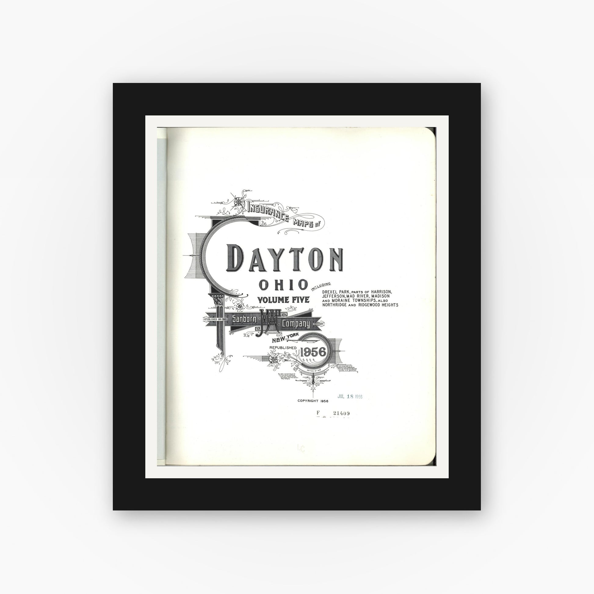 Old map wall art mockup — black gallery frame with white mat — Sanborn Fire Insurance Map from Dayton, Montgomery County, Ohio (1956), Sheet #0001