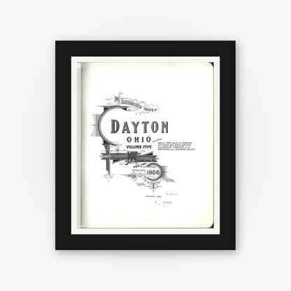Old map wall art mockup — black gallery frame with white mat — Sanborn Fire Insurance Map from Dayton, Montgomery County, Ohio (1956), Sheet #0001