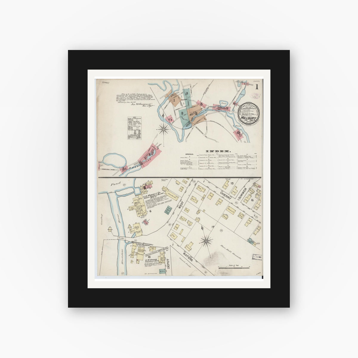 Old map wall art mockup — black gallery frame with white mat — Sanborn Fire Insurance Map from Millbury, Worcester County, Massachusetts (1888) - Complete Map Set