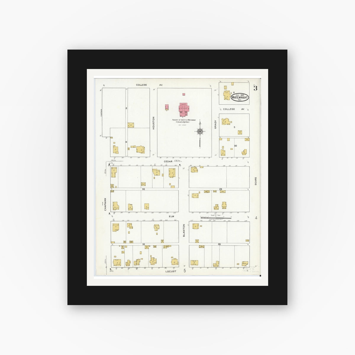Old map wall art mockup — black gallery frame with white mat — Sanborn Fire Insurance Map from Whitewright, Grayson County, Texas (1920), Sheet #0003