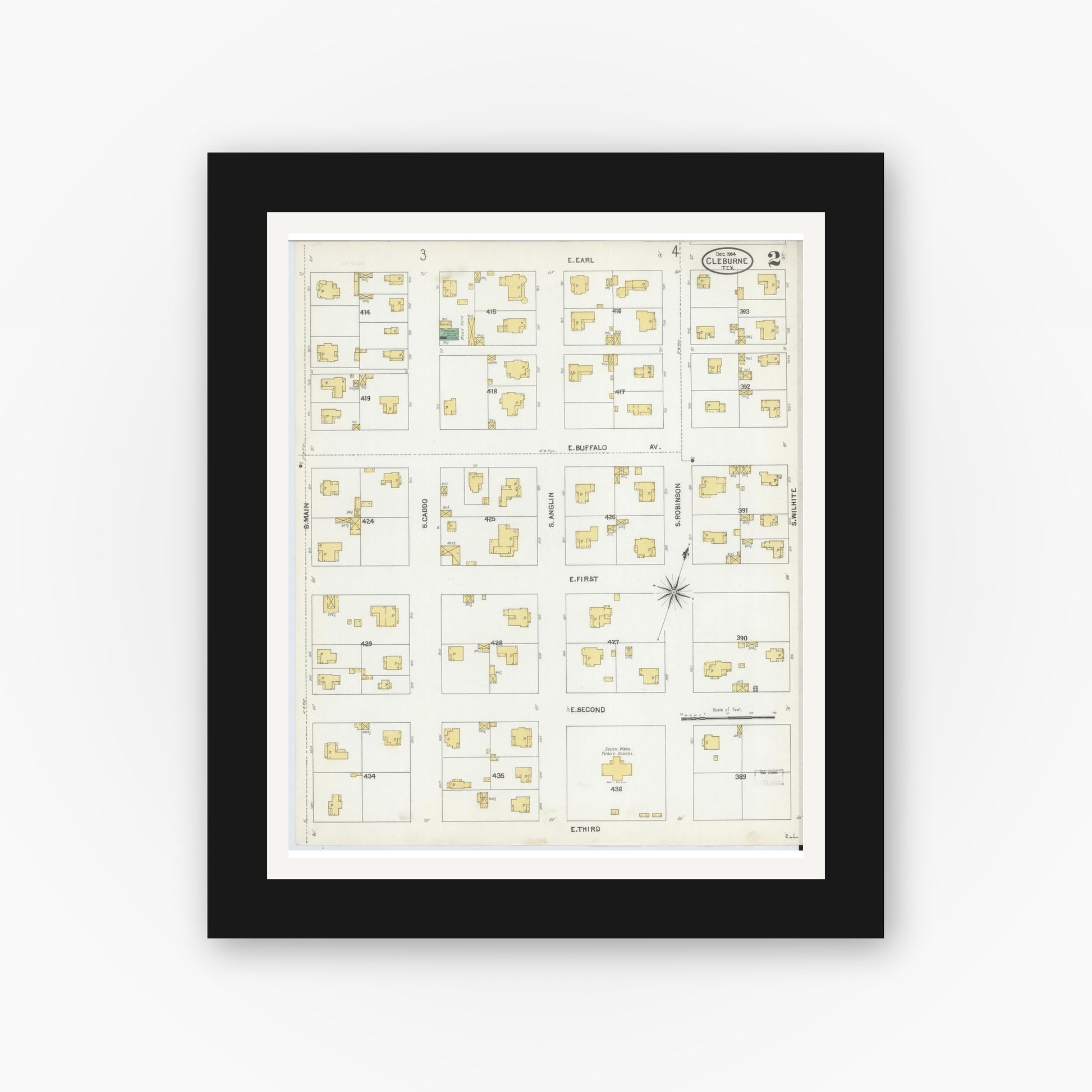 Old map wall art mockup — black gallery frame with white mat — Sanborn Fire Insurance Map from Cleburne, Johnson County, Texas (1904), Sheet #0002