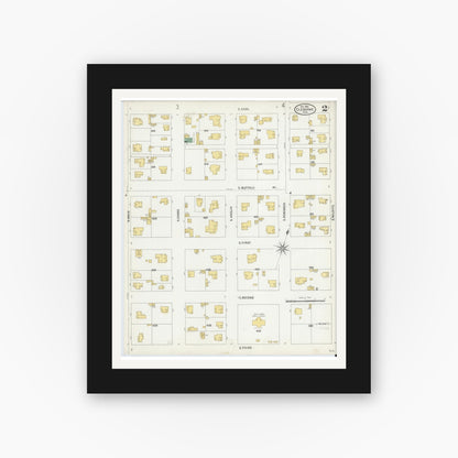 Old map wall art mockup — black gallery frame with white mat — Sanborn Fire Insurance Map from Cleburne, Johnson County, Texas (1904), Sheet #0002