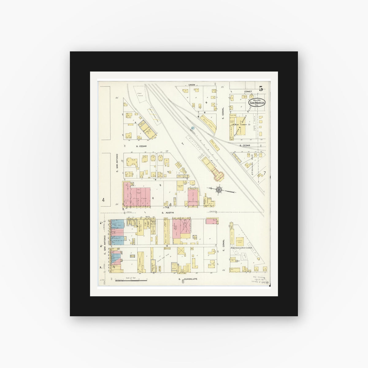 Old map wall art mockup — black gallery frame with white mat — Sanborn Fire Insurance Map from San Marcos, Hays County, Texas (1912), Sheet #0005