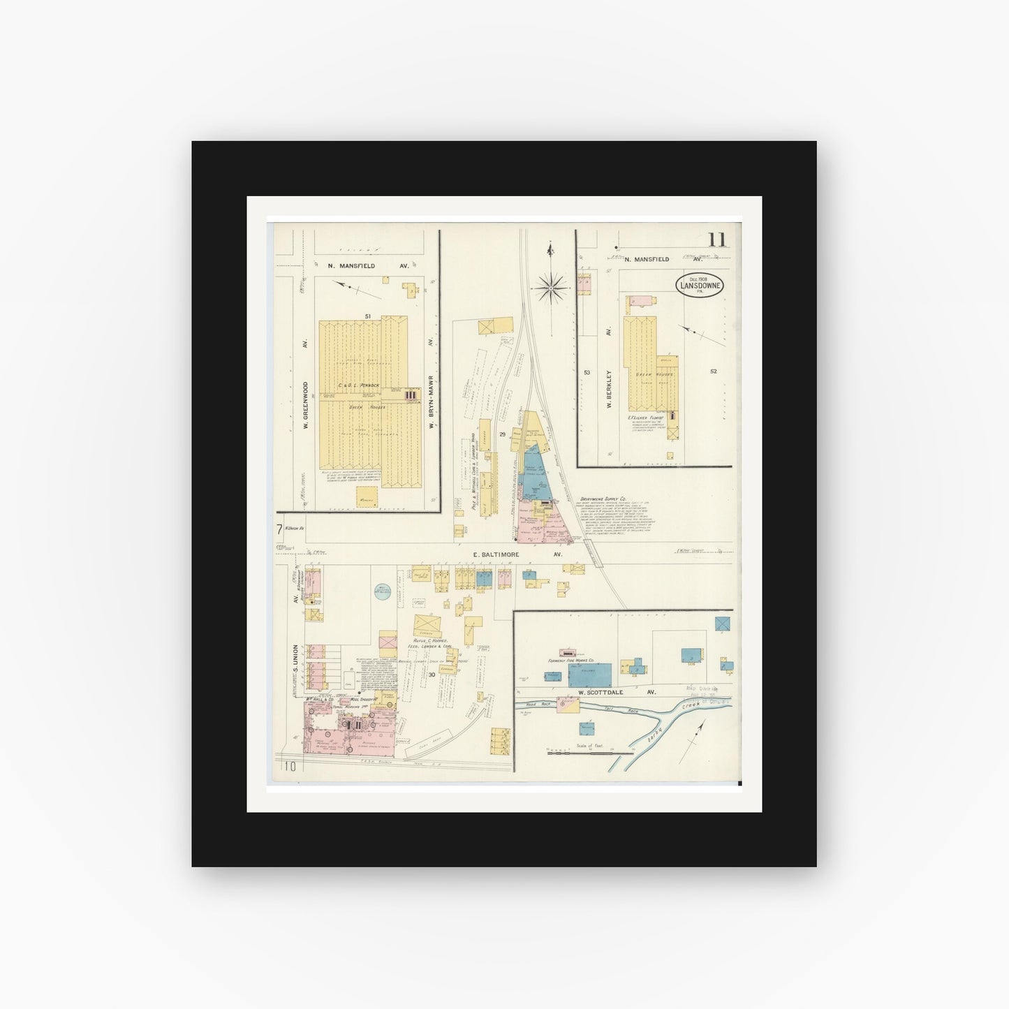 Old map wall art mockup — black gallery frame with white mat — Sanborn Fire Insurance Map from Lansdowne, Delaware County, Pennsylvania (1908), Sheet #0011