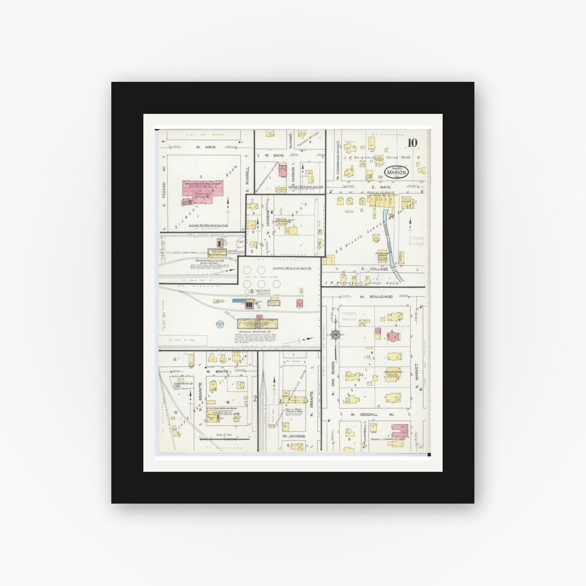 Old map wall art mockup — black gallery frame with white mat — Sanborn Fire Insurance Map from Marion, Williamson County, Illinois (1913), Sheet #0010