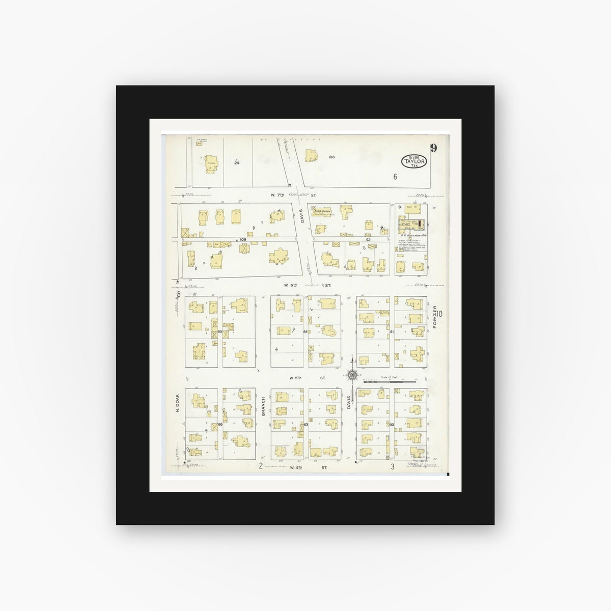 Old map wall art mockup — black gallery frame with white mat — Sanborn Fire Insurance Map from Taylor, Williamson County, Texas (1916), Sheet #0009