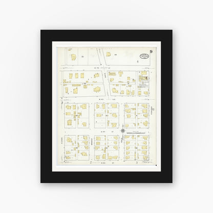 Old map wall art mockup — black gallery frame with white mat — Sanborn Fire Insurance Map from Taylor, Williamson County, Texas (1916), Sheet #0009