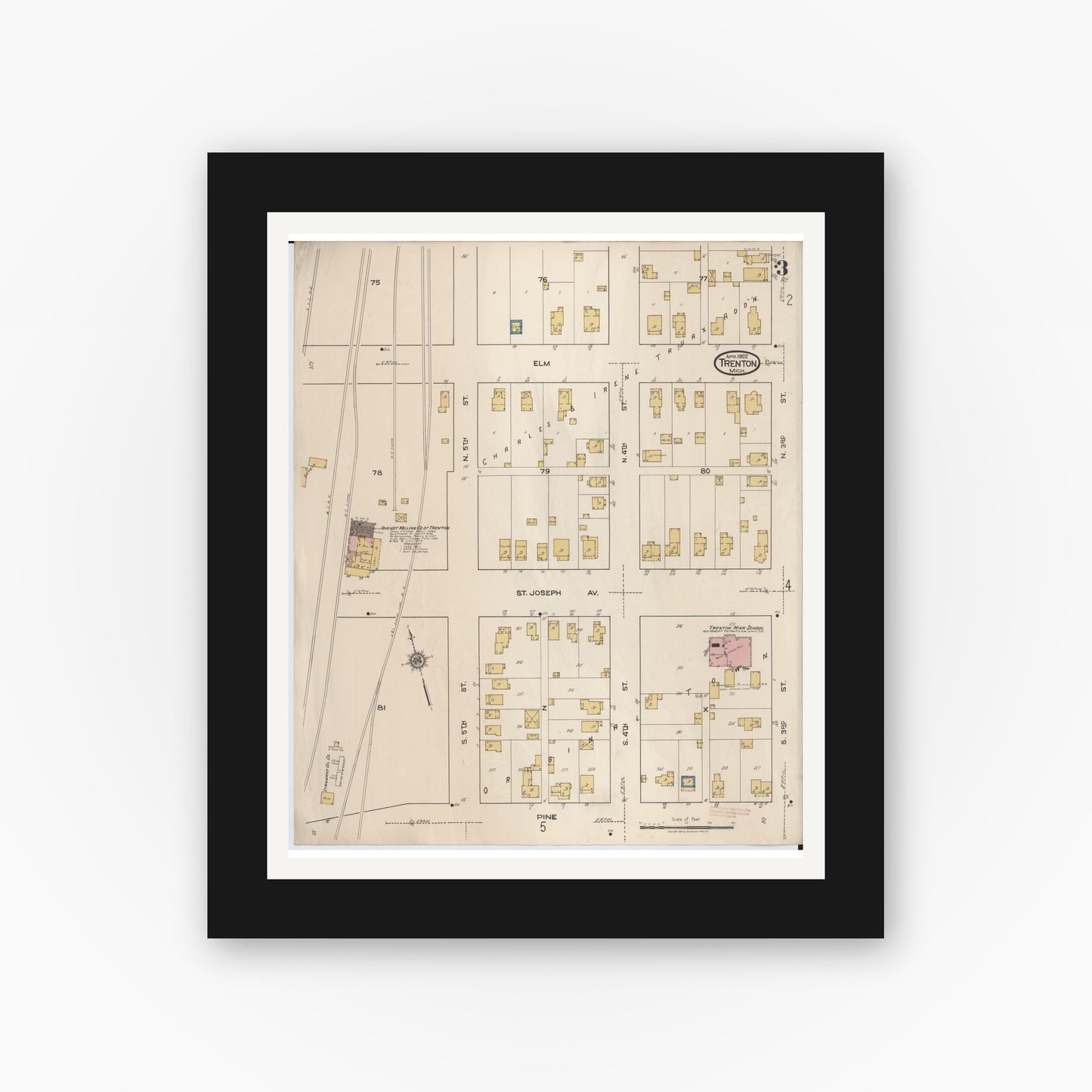 Old map wall art mockup — black gallery frame with white mat — Sanborn Fire Insurance Map from Trenton, Wayne County, Michigan (1922), Sheet #0003