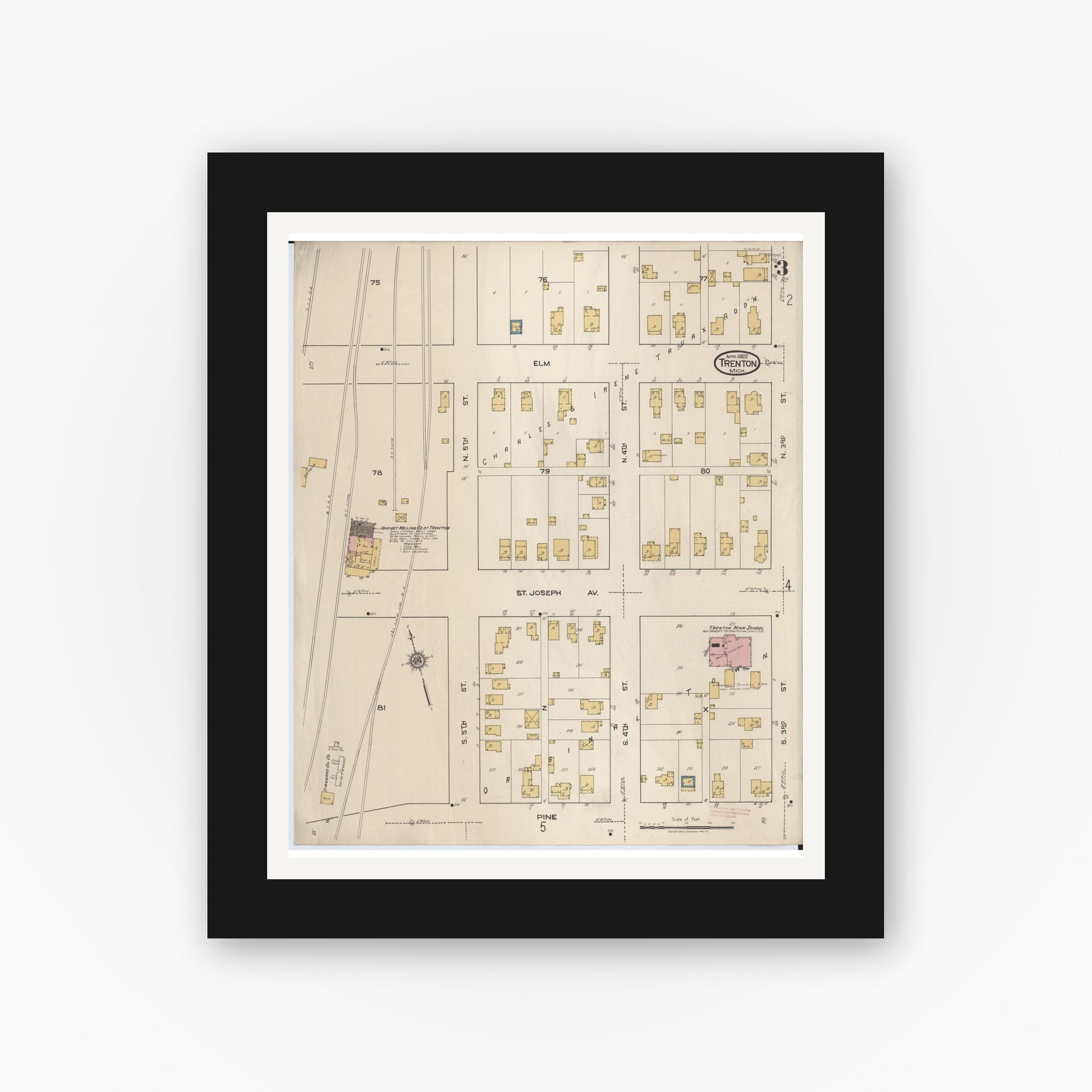 Old map wall art mockup — black gallery frame with white mat — Sanborn Fire Insurance Map from Trenton, Wayne County, Michigan (1922), Sheet #0003