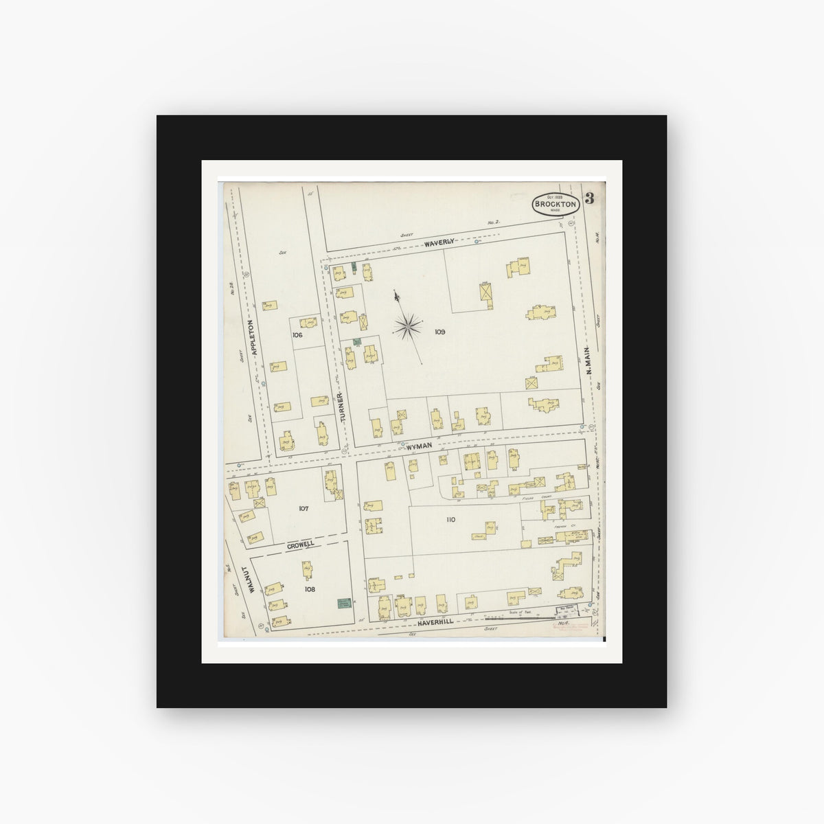 Old map wall art mockup — black gallery frame with white mat — Sanborn Fire Insurance Map from Brockton, Plymouth County, Massachusetts (1889), Sheet #0003