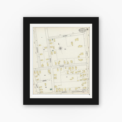 Old map wall art mockup — black gallery frame with white mat — Sanborn Fire Insurance Map from Brockton, Plymouth County, Massachusetts (1889), Sheet #0003