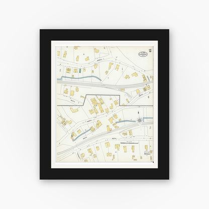 Old map wall art mockup — black gallery frame with white mat — Sanborn Fire Insurance Map from Hingham, Plymouth County, Massachusetts (1903), Sheet #0002