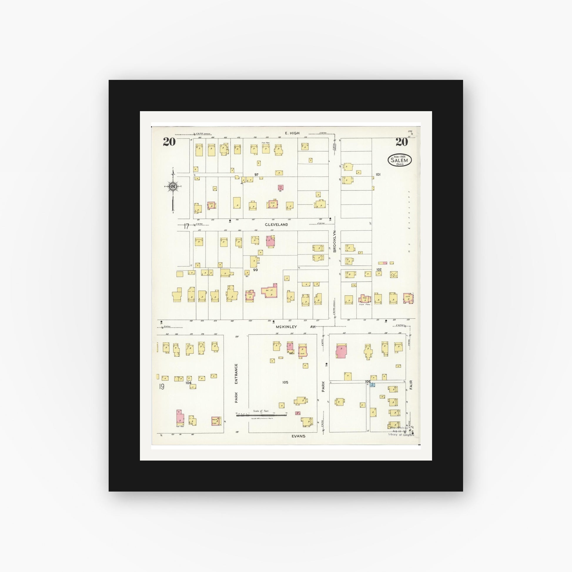 Old map wall art mockup — black gallery frame with white mat — Sanborn Fire Insurance Map from Salem, Columbiana County, Ohio (1926), Sheet #0020