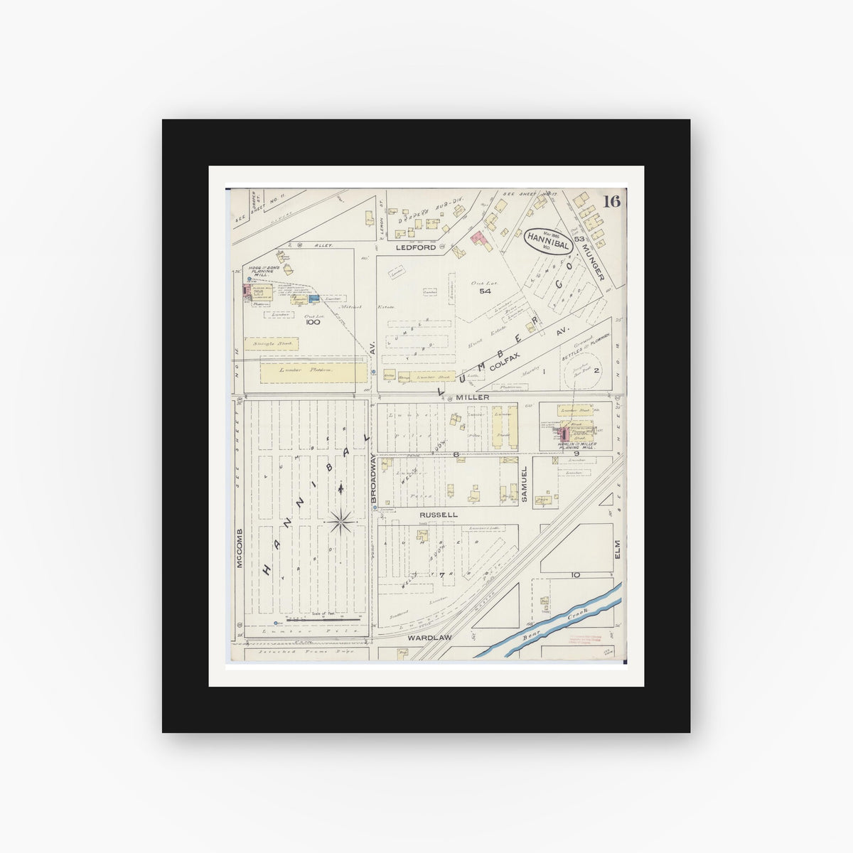 Old map wall art mockup — black gallery frame with white mat — Sanborn Fire Insurance Map from Hannibal, Marion County, Missouri (1885), Sheet #0016
