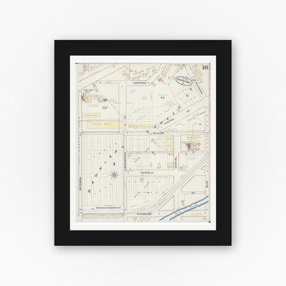 Old map wall art mockup — black gallery frame with white mat — Sanborn Fire Insurance Map from Hannibal, Marion County, Missouri (1885), Sheet #0016