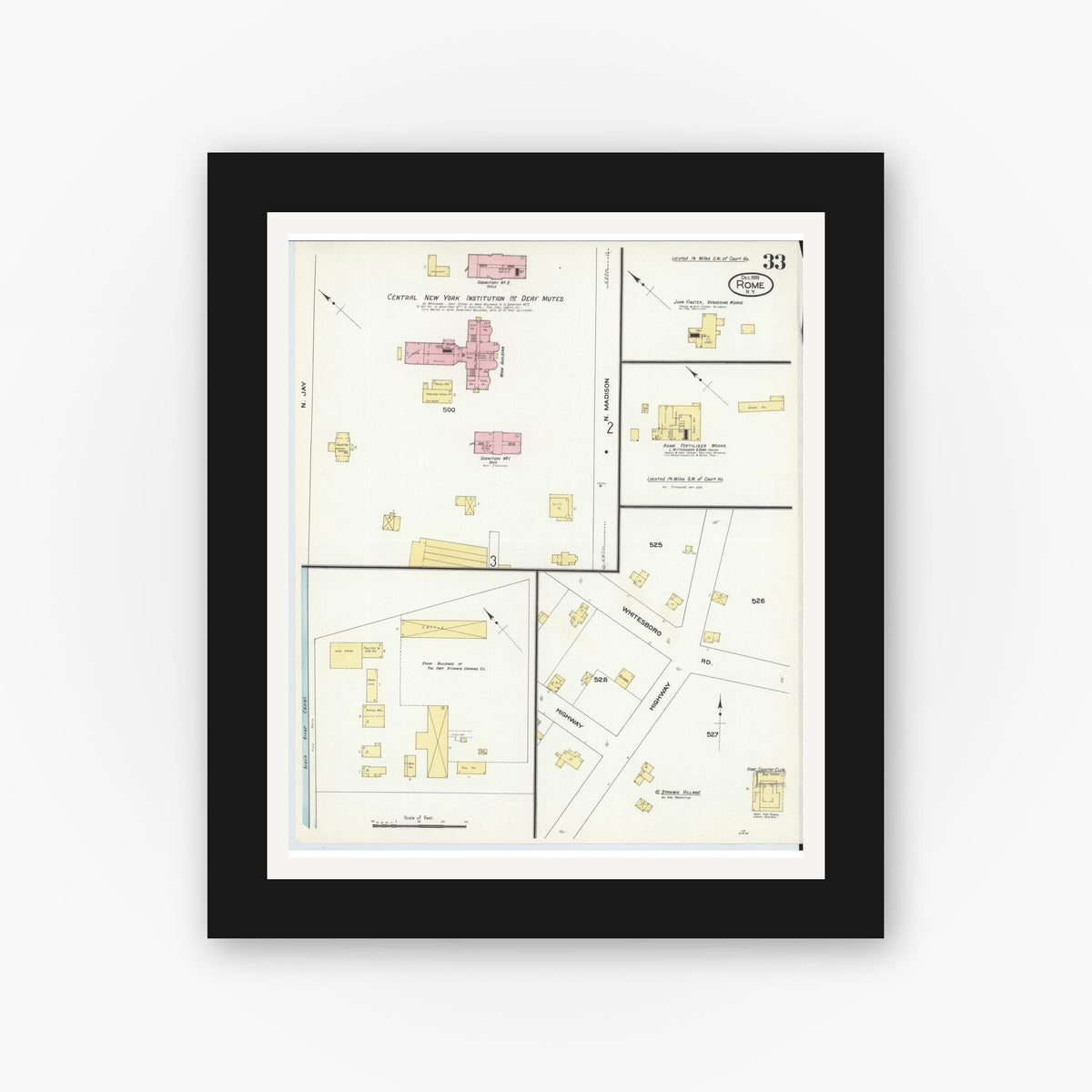 Old map wall art mockup — black gallery frame with white mat — Sanborn Fire Insurance Map from Rome, Oneida County, New York (1909), Sheet #0033