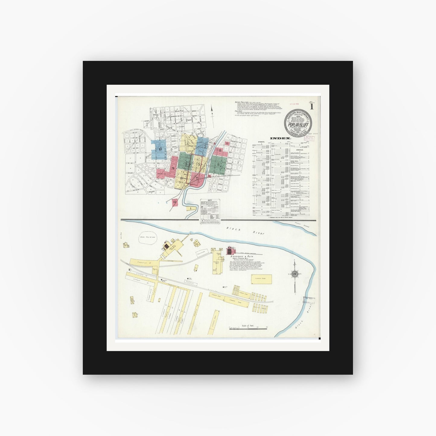 Old map wall art mockup — black gallery frame with white mat — Sanborn Fire Insurance Map from Poplar Bluff, Butler County, Missouri (1910) - Complete Map Set