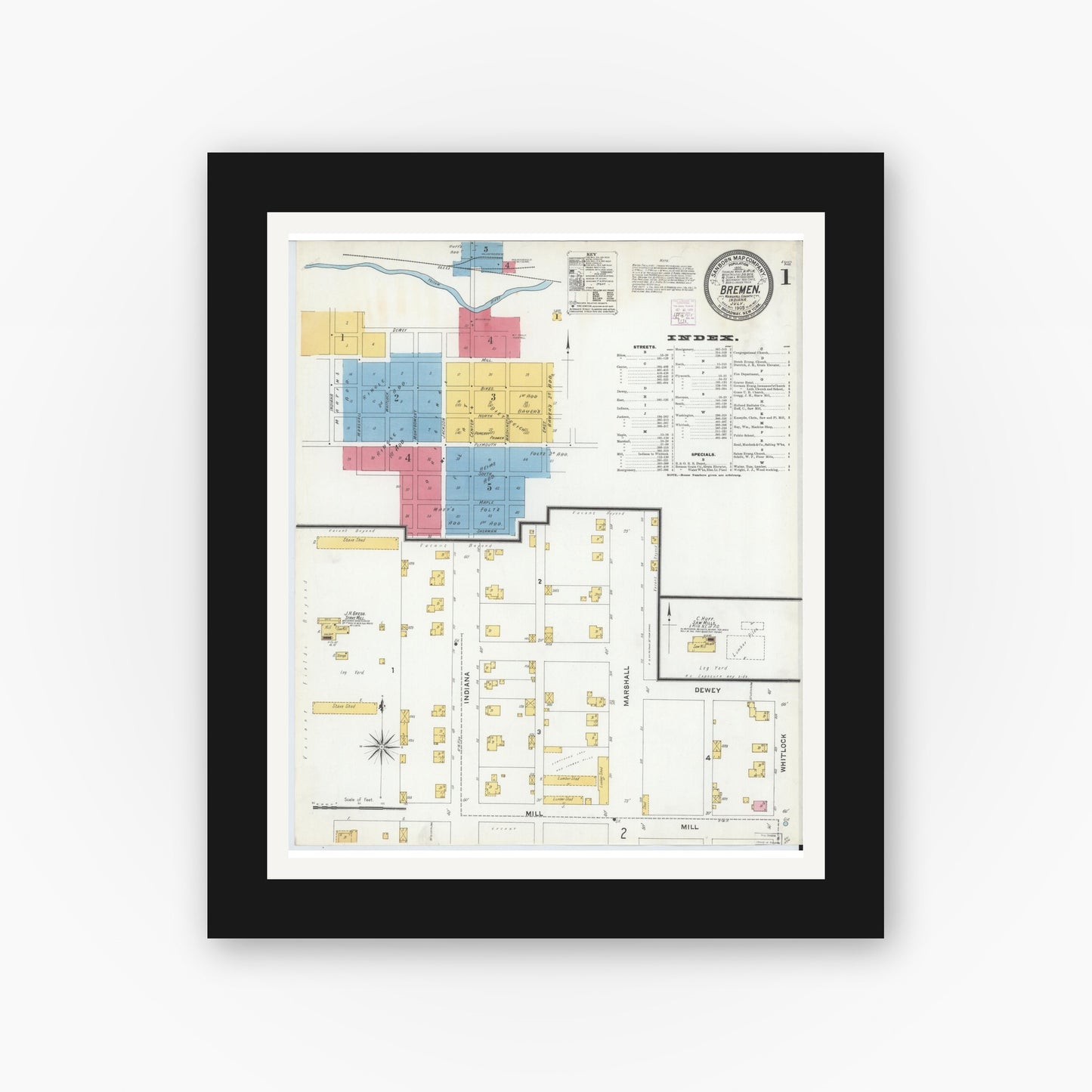 Old map wall art mockup — black gallery frame with white mat — Sanborn Fire Insurance Map from Bremen, Marshall County, Indiana (1905) - Complete Map Set