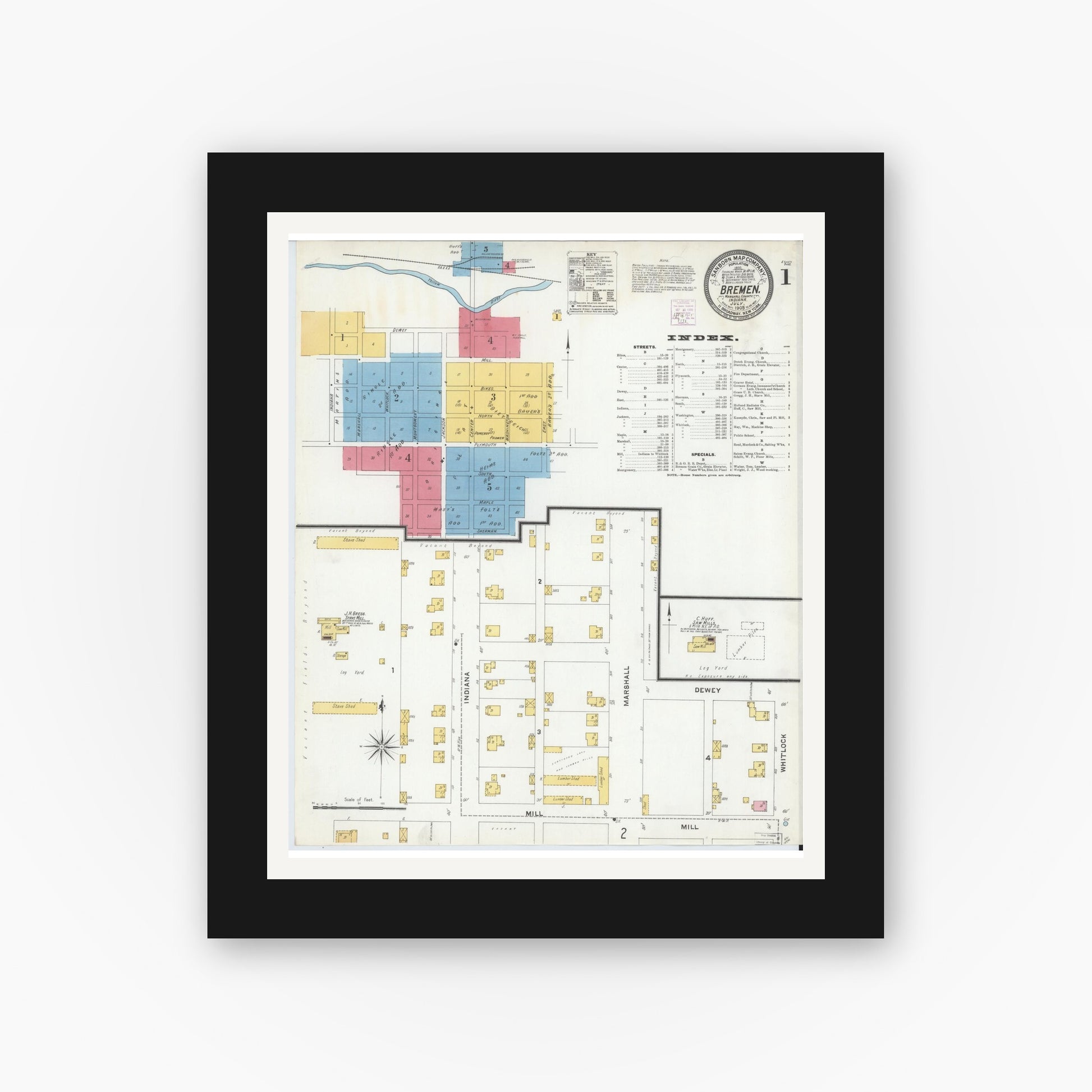 Old map wall art mockup — black gallery frame with white mat — Sanborn Fire Insurance Map from Bremen, Marshall County, Indiana (1905) - Complete Map Set