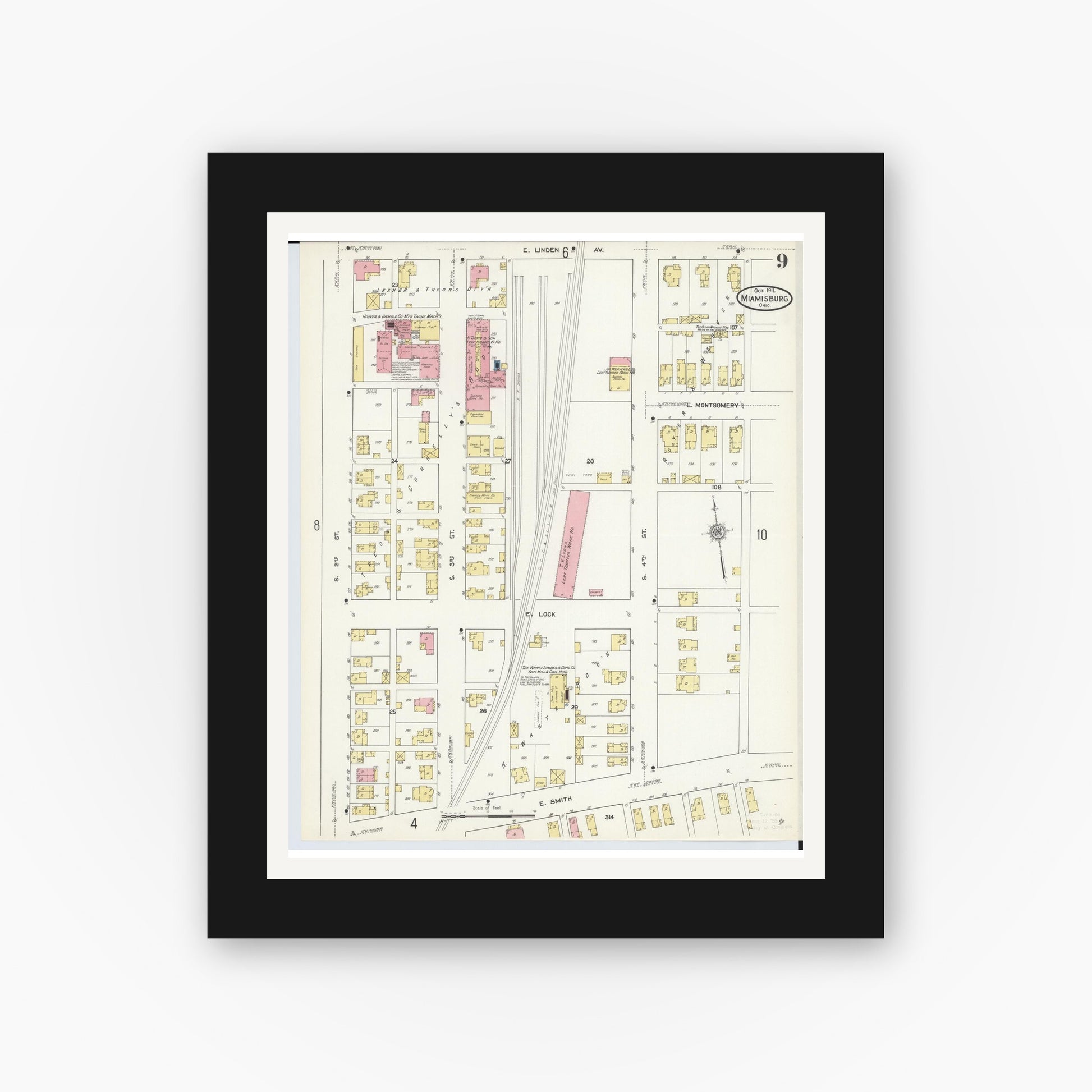 Old map wall art mockup — black gallery frame with white mat — Sanborn Fire Insurance Map from Miamisburg, Montgomery County, Ohio (1911), Sheet #0009