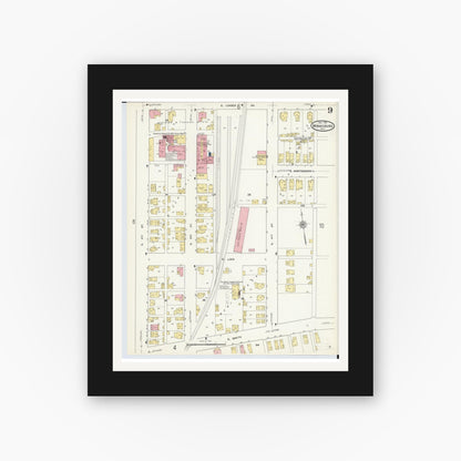 Old map wall art mockup — black gallery frame with white mat — Sanborn Fire Insurance Map from Miamisburg, Montgomery County, Ohio (1911), Sheet #0009