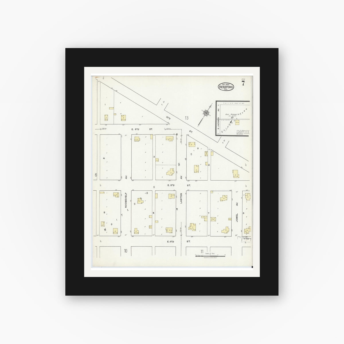 Old map wall art mockup — black gallery frame with white mat — Sanborn Fire Insurance Map from Hereford, Deaf Smith County, Texas (1920), Sheet #0007