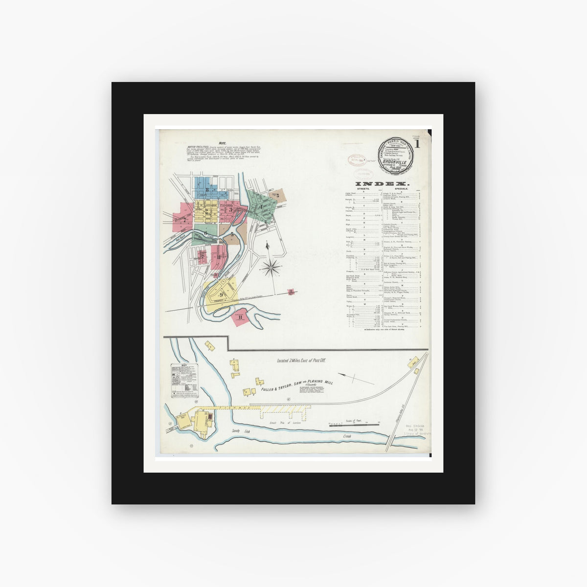 Old map wall art mockup — black gallery frame with white mat — Sanborn Fire Insurance Map from Brookville, Jefferson County, Pennsylvania (1899), Sheet #0001
