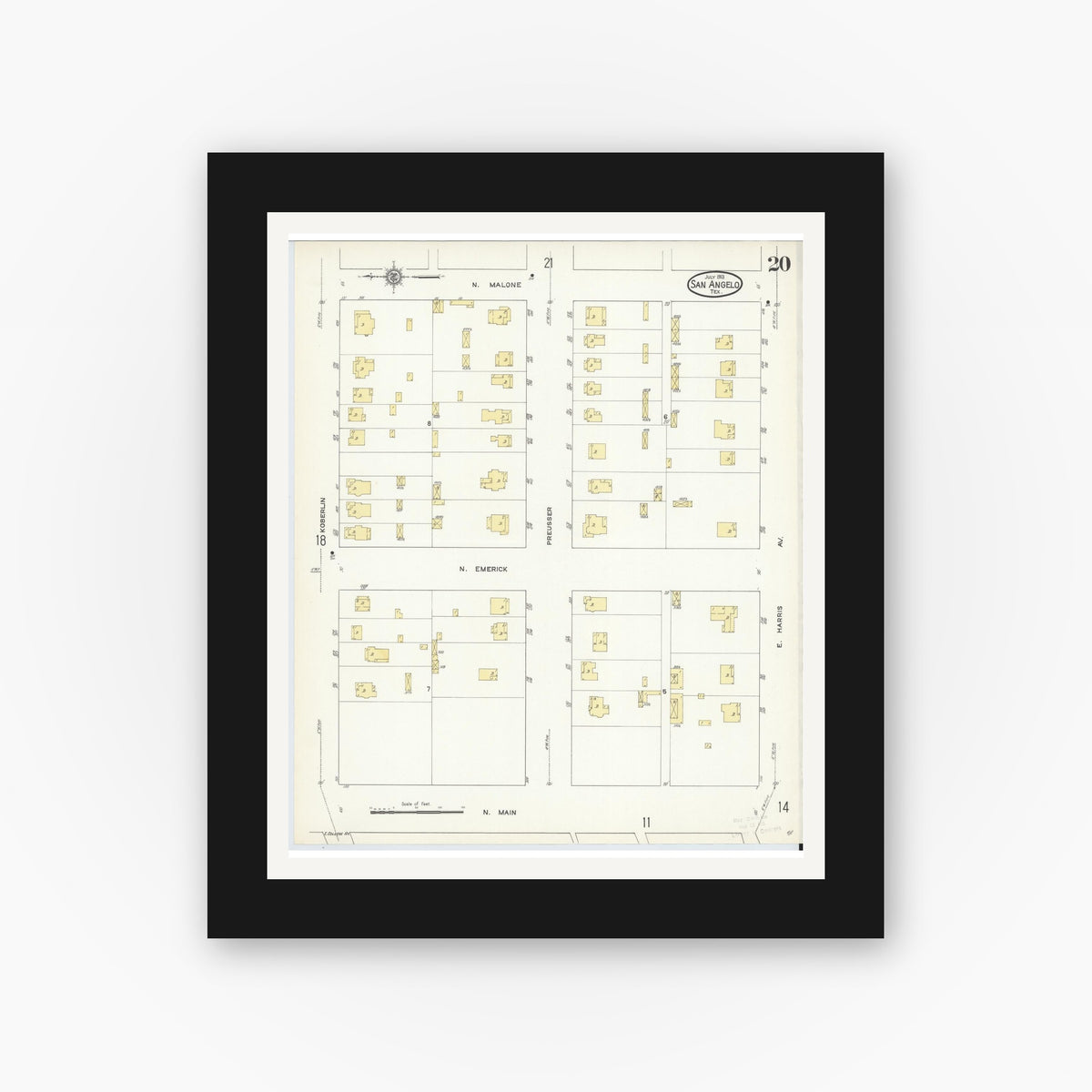 Old map wall art mockup — black gallery frame with white mat — Sanborn Fire Insurance Map from San Angelo, Tom Green County, Texas (1913), Sheet #0020