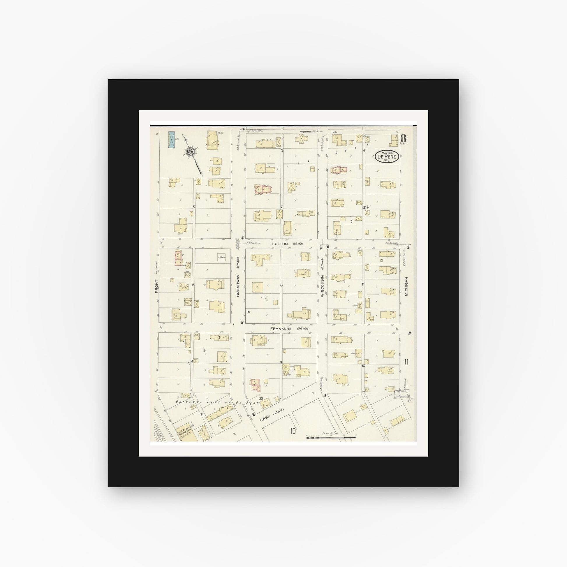 Old map wall art mockup — black gallery frame with white mat — Sanborn Fire Insurance Map from De Pere, Brown County, Wisconsin (1914), Sheet #0008