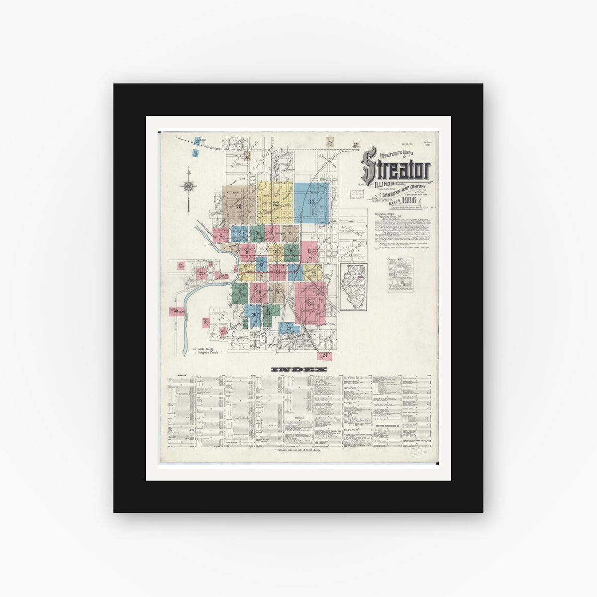 Old map wall art mockup — black gallery frame with white mat — Sanborn Fire Insurance Map from Streator, La Salle County, Illinois (1916) - Complete Map Set