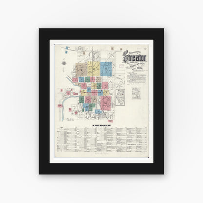Old map wall art mockup — black gallery frame with white mat — Sanborn Fire Insurance Map from Streator, La Salle County, Illinois (1916) - Complete Map Set