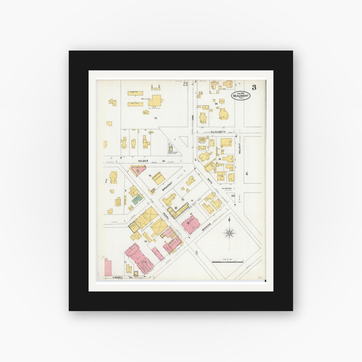 Old map wall art mockup — black gallery frame with white mat — Sanborn Fire Insurance Map from Beaumont, Jefferson County, Texas (1904), Sheet #0003