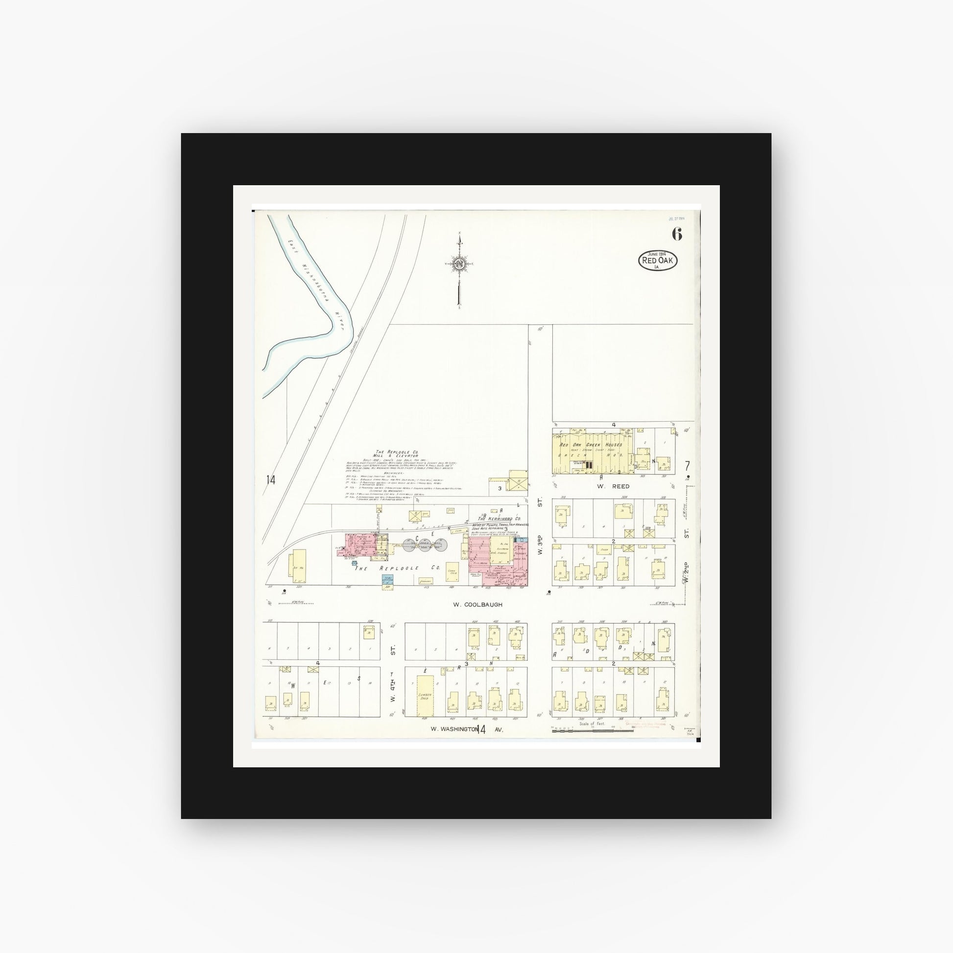 Old map wall art mockup — black gallery frame with white mat — Sanborn Fire Insurance Map from Red Oak, Montgomery County, Iowa (1914), Sheet #0006