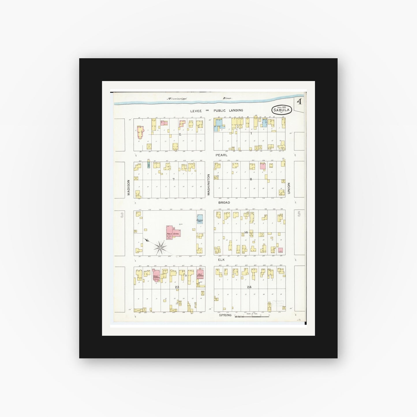 Old map wall art mockup — black gallery frame with white mat — Sanborn Fire Insurance Map from Sabula, Jackson County, Iowa (1893), Sheet #0004