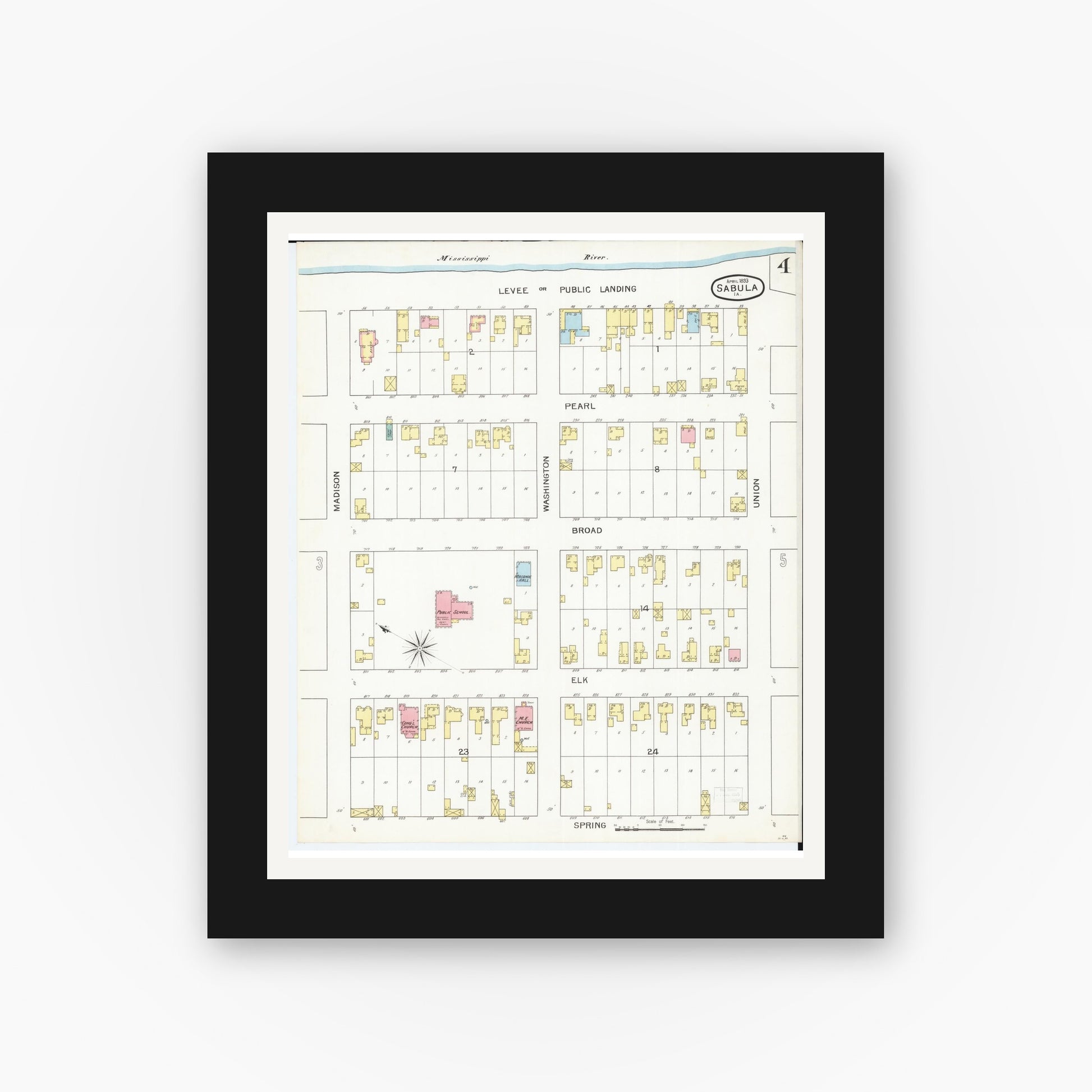 Old map wall art mockup — black gallery frame with white mat — Sanborn Fire Insurance Map from Sabula, Jackson County, Iowa (1893), Sheet #0004