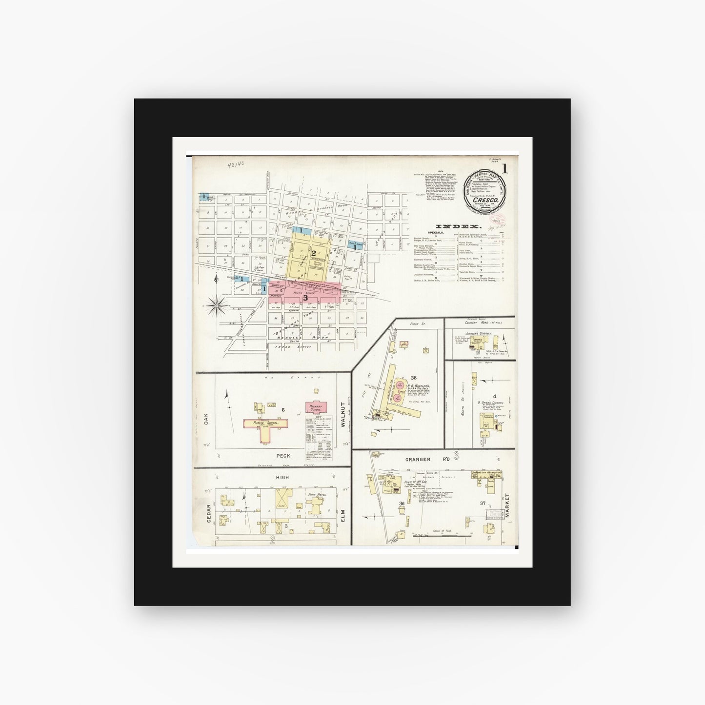 Old map wall art mockup — black gallery frame with white mat — Sanborn Fire Insurance Map from Cresco, Howard County, Iowa (1894), Sheet #0001