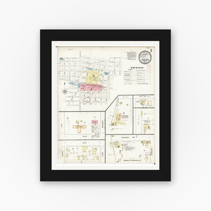 Old map wall art mockup — black gallery frame with white mat — Sanborn Fire Insurance Map from Cresco, Howard County, Iowa (1894), Sheet #0001