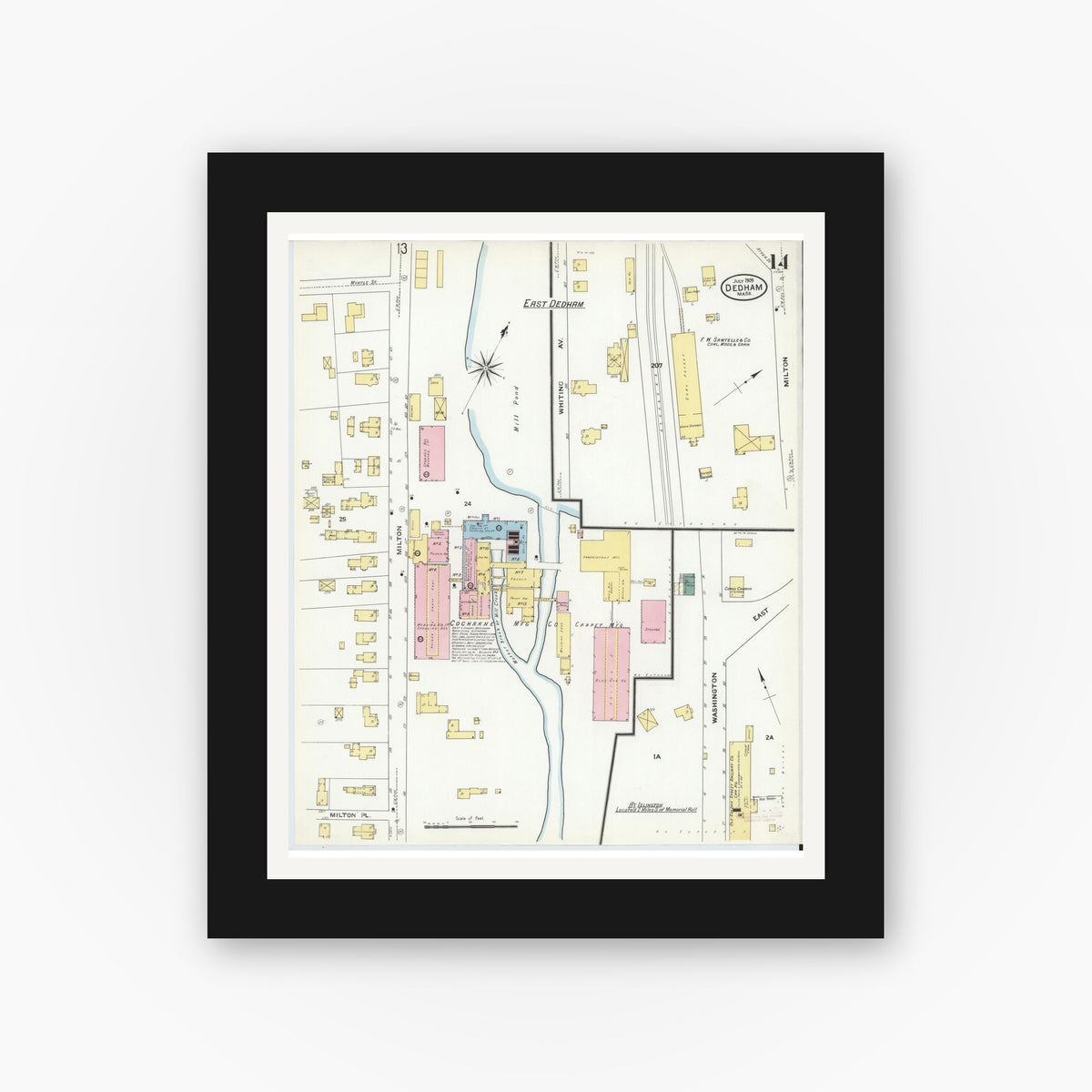 Old map wall art mockup — black gallery frame with white mat — Sanborn Fire Insurance Map from Dedham, Norfolk County, Massachusetts (1909), Sheet #0014