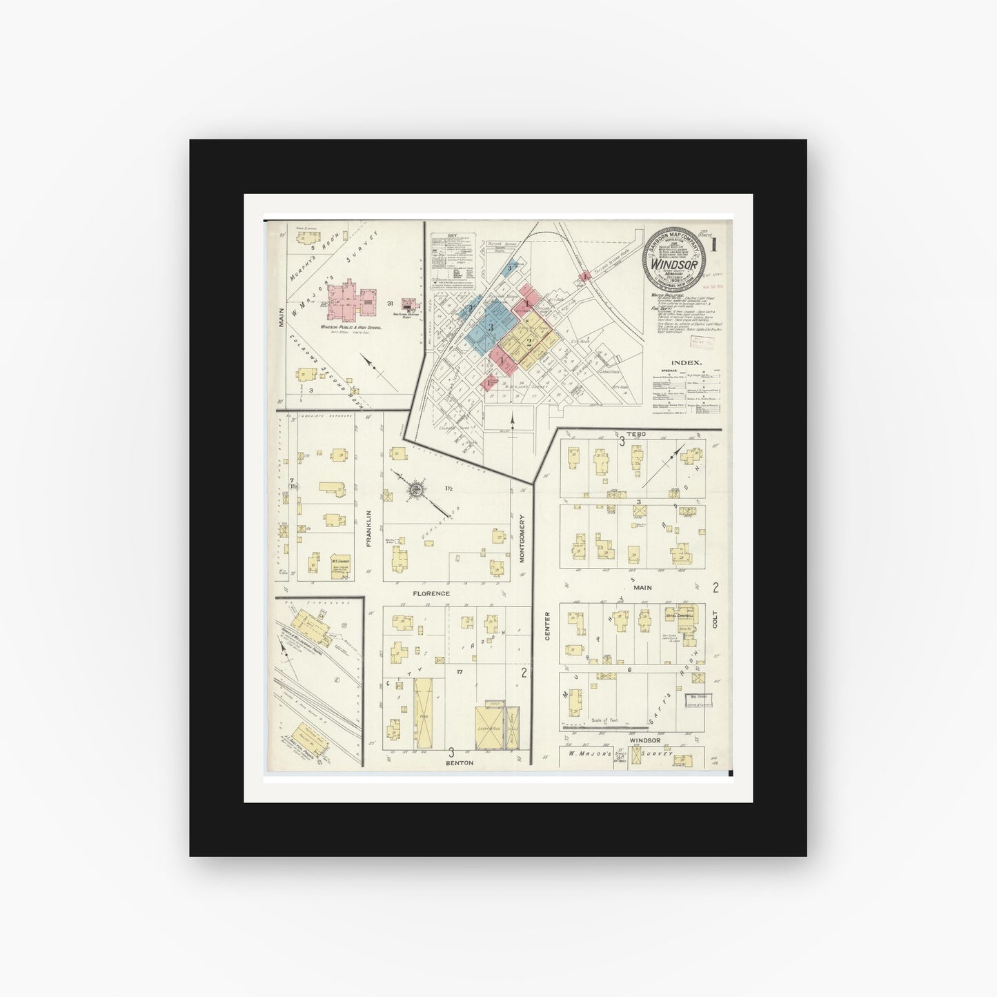Old map wall art mockup — black gallery frame with white mat — Sanborn Fire Insurance Map from Windsor, Henry County, Missouri (1909) - Complete Map Set