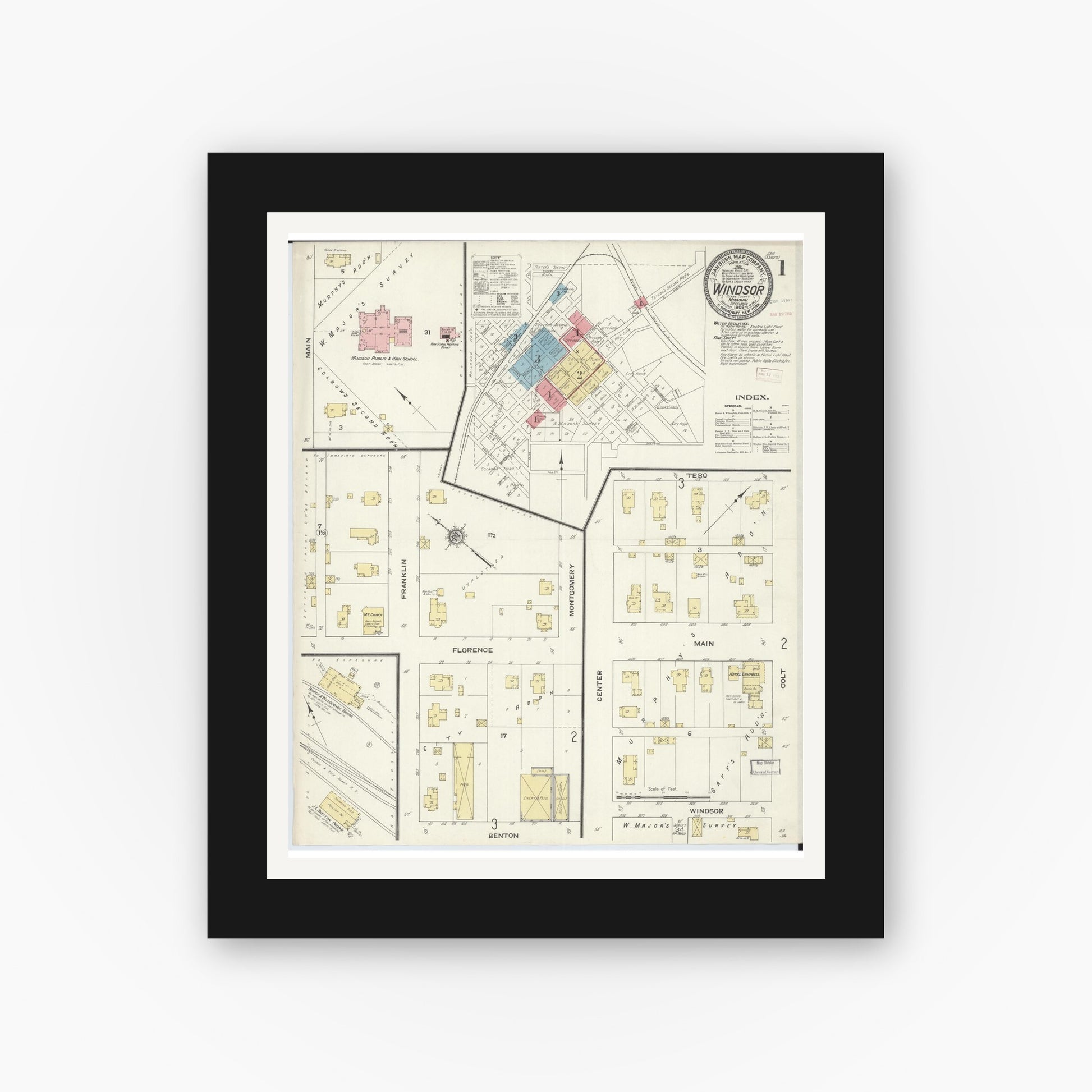 Old map wall art mockup — black gallery frame with white mat — Sanborn Fire Insurance Map from Windsor, Henry County, Missouri (1909) - Complete Map Set