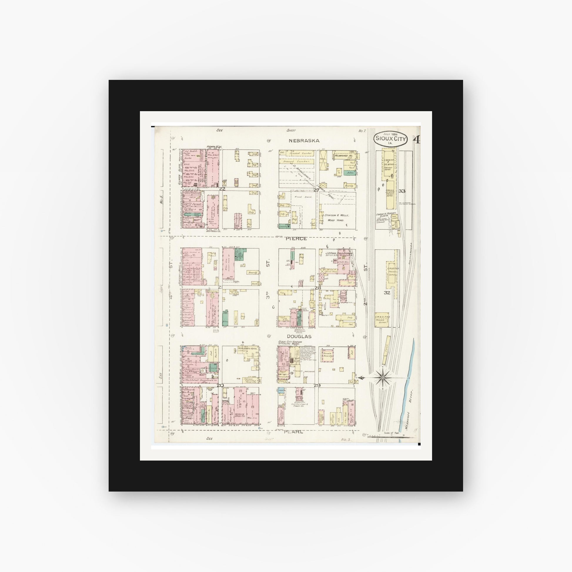 Old map wall art mockup — black gallery frame with white mat — Sanborn Fire Insurance Map from Sioux City, Woodbury County, Iowa (1886), Sheet #0004