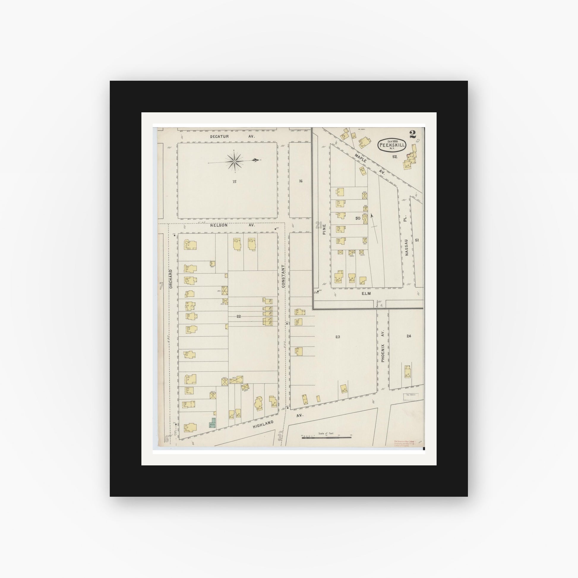 Old map wall art mockup — black gallery frame with white mat — Sanborn Fire Insurance Map from Peekskill, Westchester County, New York (1895) - Complete Map Set