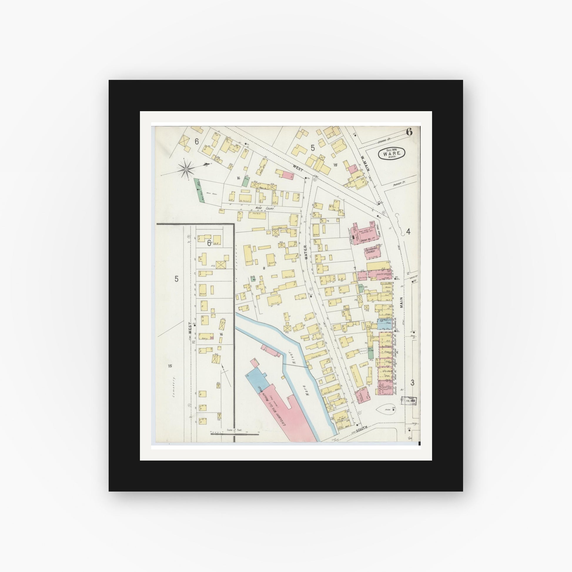 Old map wall art mockup — black gallery frame with white mat — Sanborn Fire Insurance Map from Ware, Hampshire County, Massachusetts (1896), Sheet #0006