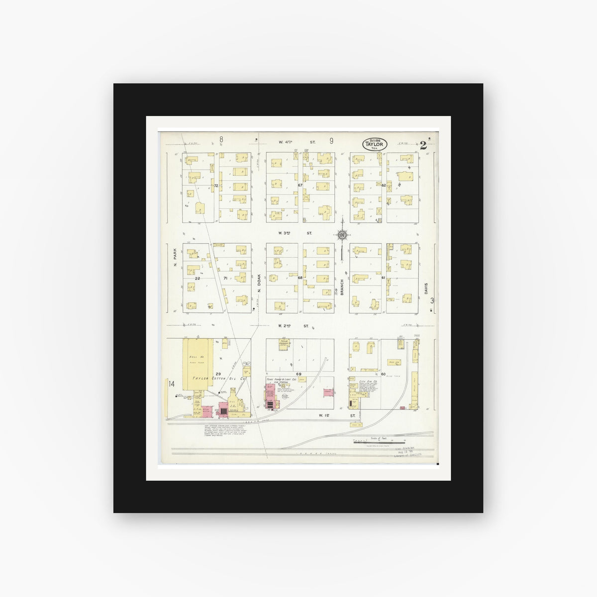 Old map wall art mockup — black gallery frame with white mat — Sanborn Fire Insurance Map from Taylor, Williamson County, Texas (1916), Sheet #0002