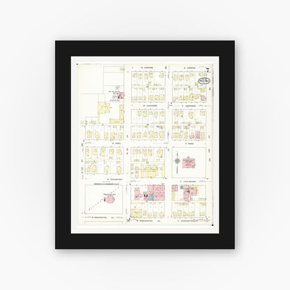 Old map wall art mockup — black gallery frame with white mat — Sanborn Fire Insurance Map from Red Oak, Montgomery County, Iowa (1914), Sheet #0007