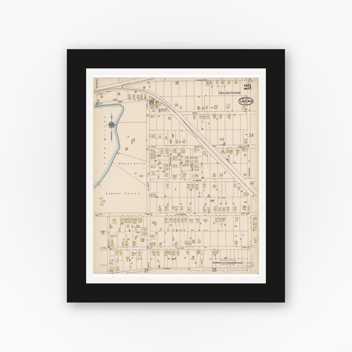 Old map wall art mockup — black gallery frame with white mat — Sanborn Fire Insurance Map from Lakeland, Polk County, Florida (1922), Sheet #0023