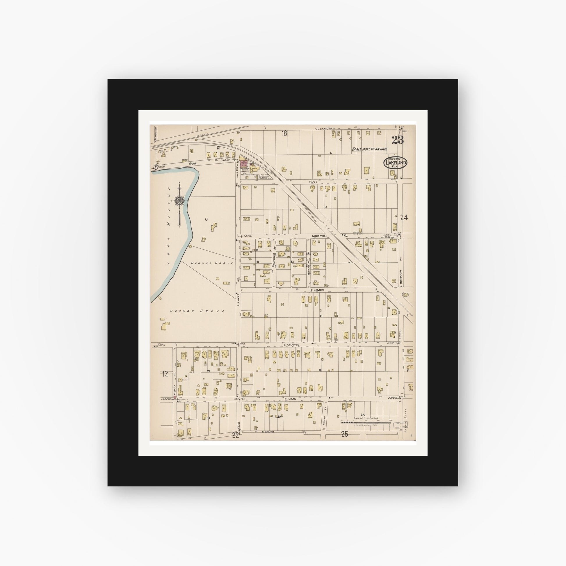 Old map wall art mockup — black gallery frame with white mat — Sanborn Fire Insurance Map from Lakeland, Polk County, Florida (1922), Sheet #0023