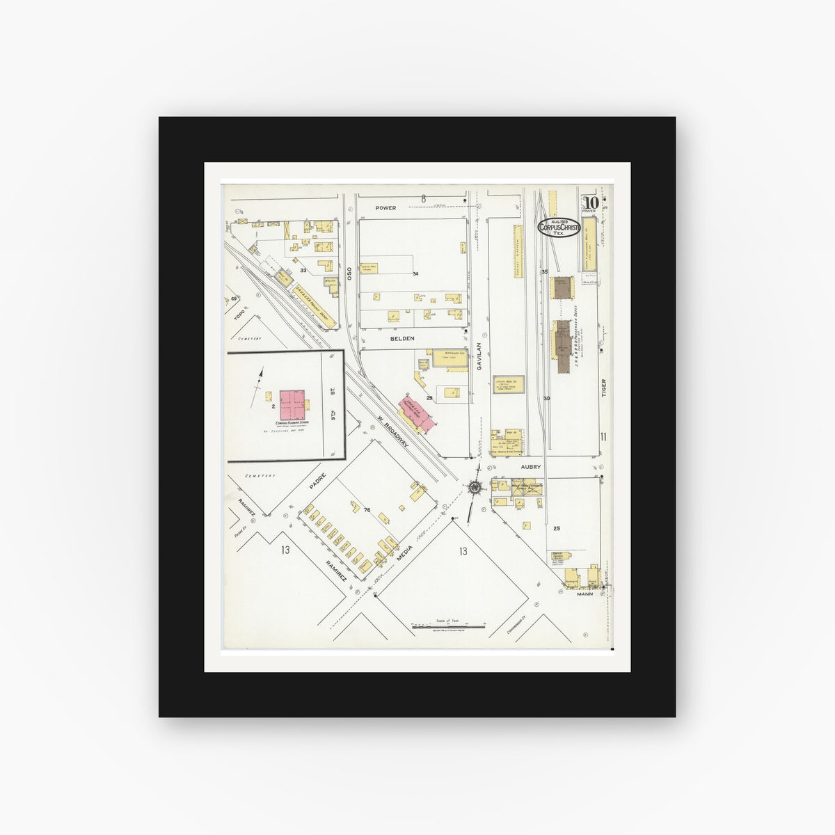 Old map wall art mockup — black gallery frame with white mat — Sanborn Fire Insurance Map from Corpus Christi, Nueces County, Texas (1919), Sheet #0010